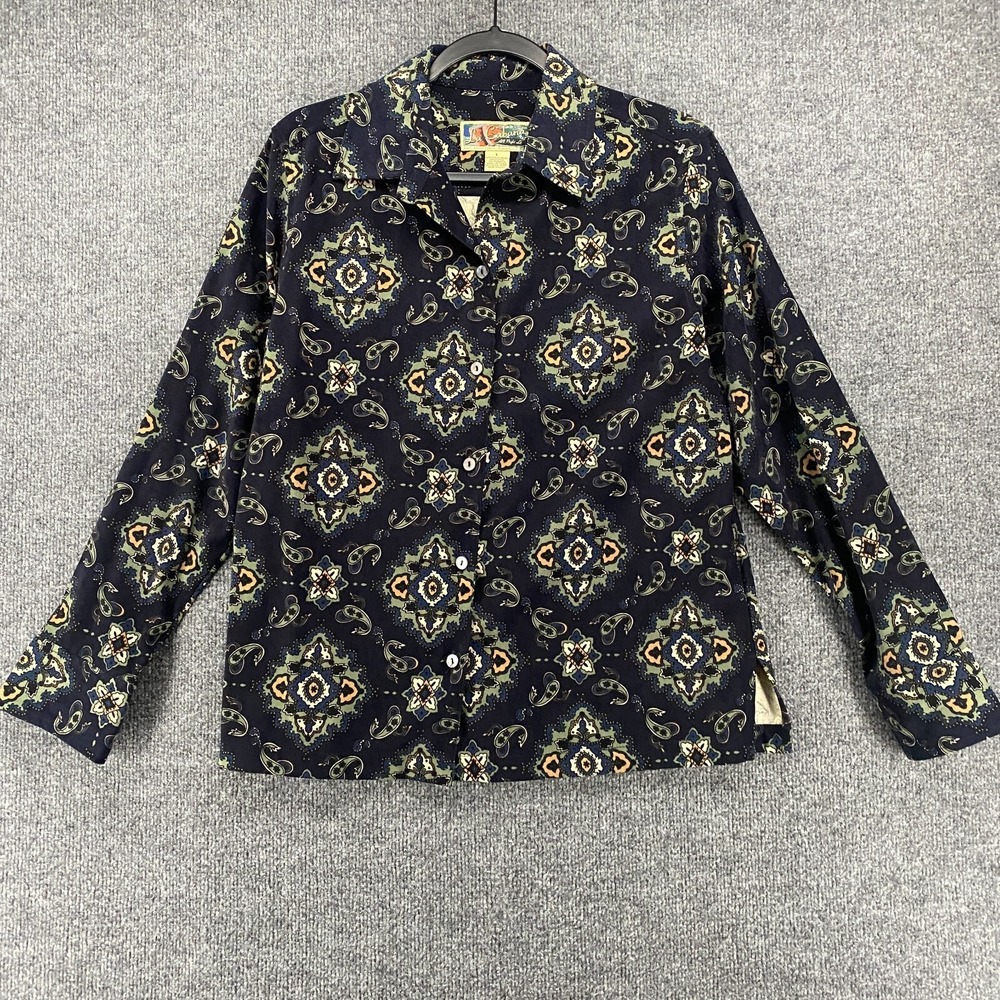 La Cabana Shirt Womens L Blue Paisley Velvet Button Up Peasant Cottagecore Ranch